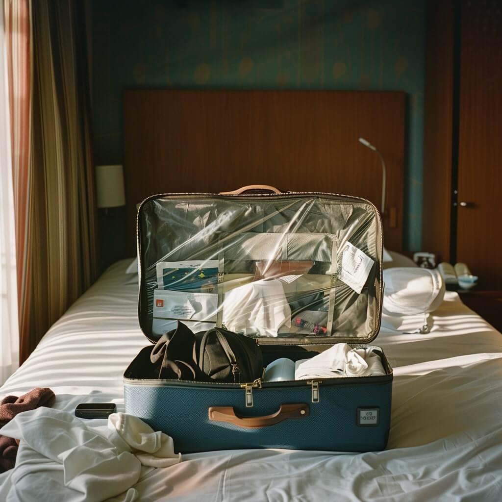 깔끔하게 여행 필수품이 포장된 여행가방이 침대 위에 펄쳐져 있습니다.