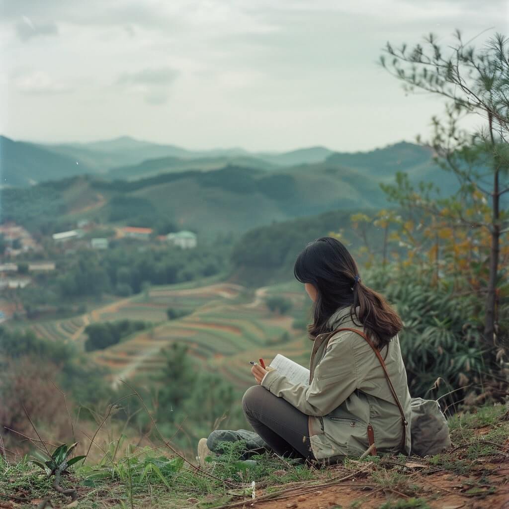 아름다운 장소에서 일기를 쓰면서 명상하는 여성 여행자의 평화로운 사진