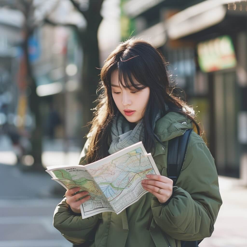 지도나 여행 가이드를 보고 있는 여성의 고요한 사진