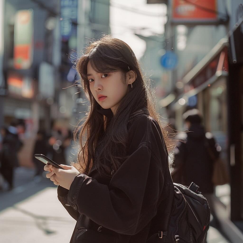 혼자 도시 거리에서 휴대전화를 사용하여 탐색하는 여성 사진